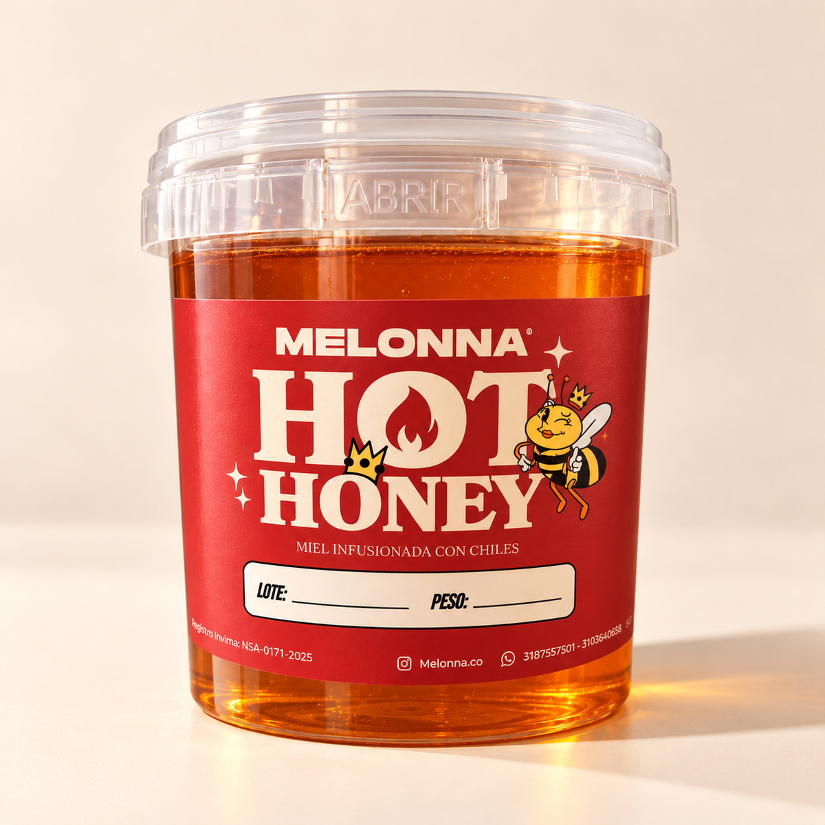 Tarro de hot honey Melonna de 1 kg, miel infusionada con chiles