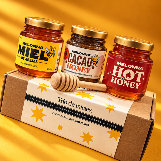 Regalo Trío de Mieles: Picante, Cacao y Natural – 3 x 180 g